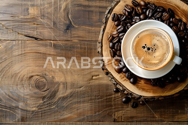فنجان القهوة السوداء على طاولة خشبية، حبوب البن المتناثرة، مشروب كافيين لذيذ، كوب اسبريسو لذيذ، كافيهات ومطاعم المملكة العربية السعودية