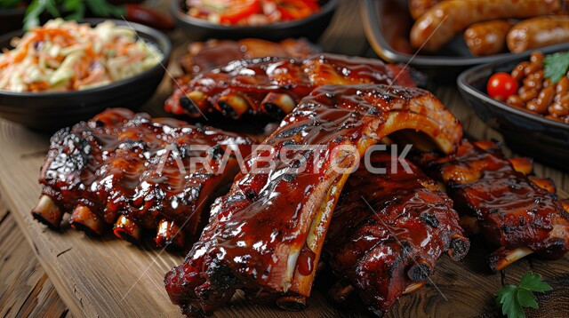 ستيك لحم مشوي على لوح خشبي، الأطباق الرئيسية على مائدة الطعام، مطاعم ومطابخ المملكة العربية السعودية، أنواع الأطعمة الشرقية العربية، وجبات اللحم الصحية والمغذية، سفرة مليئة بأصناف المأكولات والمقبلات الشهية