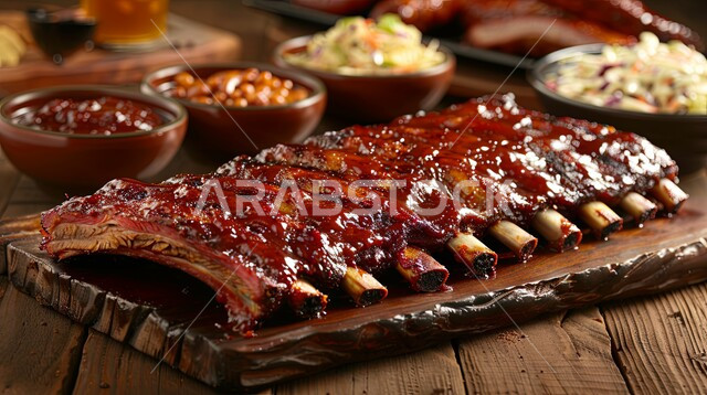 Main dishes on the dining table, restaurants and kitchens in the Kingdom of Saudi Arabia, types of Arab oriental foods, healthy and nutritious meat meals, a table full of delicious food and appetizers, steak grilled on a wooden board