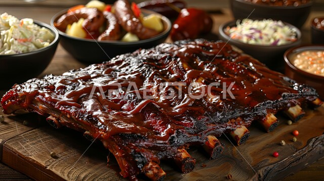 الوجبات والأطباق الرئيسية على مائدة الطعام، مطاعم ومطابخ المملكة العربية السعودية، أنواع الأطعمة الشرقية العربية، وجبات اللحم الصحية والمغذية، سفرة مليئة بأصناف المأكولات والمقبلات الشهية، ستيك لحم مشوي على لوح خشبي