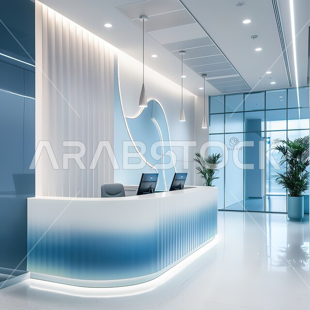 التصاميم الفنية الداخلية المعاصرة، الديكور الداخلي لقسم الاستقبال والاستعلامات في لوبي احد فنادق المملكة العربية السعودية، ديكورات راقية حديثة، كاونتر الاستقبال في المراكز والشركات الفاخرة