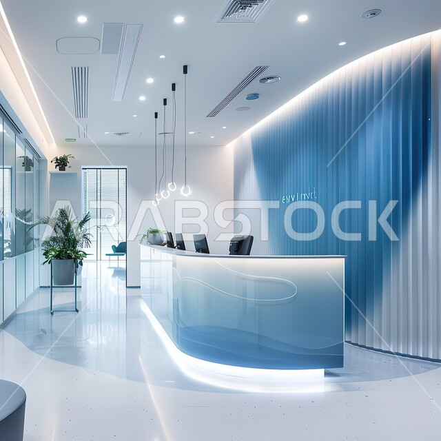 Contemporary artistic interior designs, interior decoration of the reception and information department in the lobby of a hotel in the Kingdom of Saudi Arabia, modern upscale decor, reception counters in luxury centers and companies.