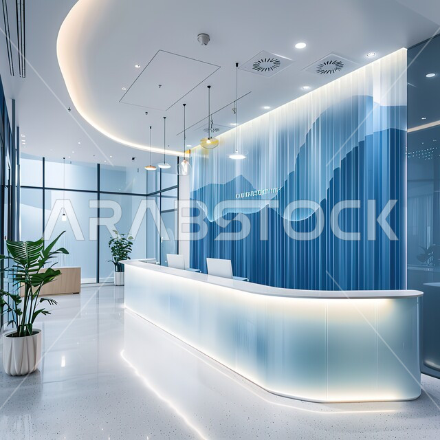 الديكور الداخلي لقسم الاستقبال والاستعلامات في لوبي احد فنادق المملكة العربية السعودية، التصاميم الفنية الداخلية المعاصرة، ديكورات راقية حديثة، كاونتر الاستقبال في المراكز والشركات الفاخرة