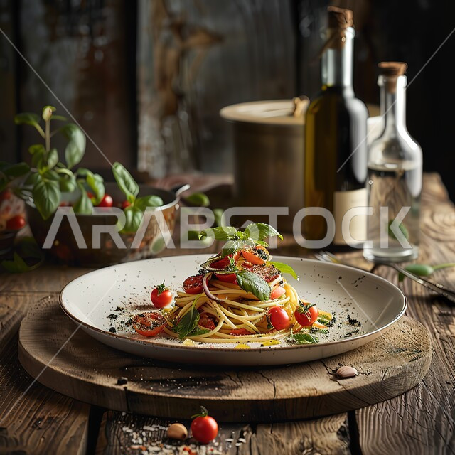 طبق من معكرونة السباغيتي مع الخضراوات مزين بالأعشاب الخضراء, أطباق ووجبات آسيوية شرقية، وعاء نودلز مع أصناف الخضار الطازجة، وجبة من الباستا الشهية، مطاعم المأكولات السريعة في المملكة العربية السعودية