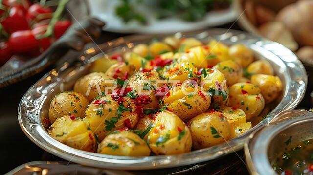  طبق من البطاطس المسلوقة المتبلة بالليمون والزيت والأعشاب الطبيعية، تقديم وتحضير الوجبات والوجبات السريعة، منتجات وطنية محلية، وجبة غذائية عالية القيمة، وصفات أكلات ومقبلات لذيذة