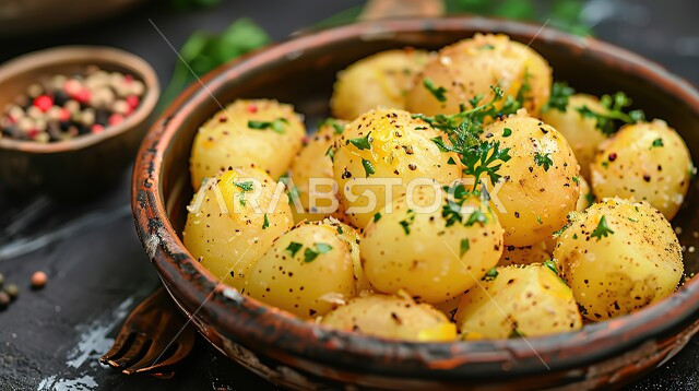 وجبة غذائية عالية القيمة، وصفات أكلات ومقبلات لذيذة، طبق من البطاطس المسلوقة المتبلة بالليمون والزيت والأعشاب الطبيعية، تقديم وتحضير الوجبات والوجبات السريعة، منتجات وطنية محلية.