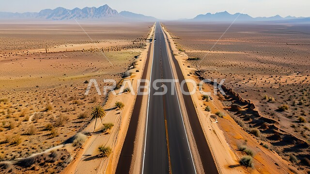 تهيئة طرقات السفر السريعة، طريق اسفلتي معبد وسط الرما الذهبية الناعمة، الكثبان الرملية في المناطق الصحراوية، ضواحي وصحاري المملكة العربية السعودية 