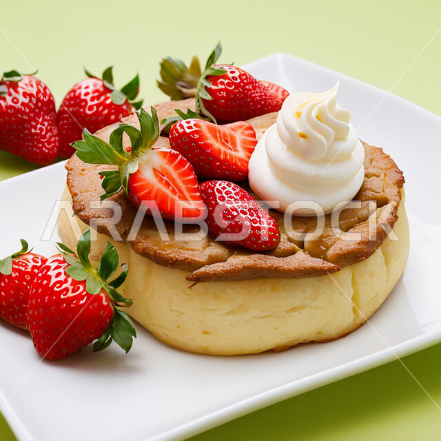 كعكة سان سبيستيان العضوية الصحية الصيفية، حلوى اسبانية تقليدية , تشيز كيك محلية الصنع مع الفراولة الطازجة والكريمة البيضاء