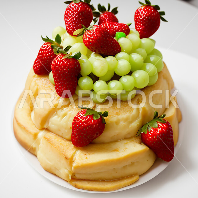Traditional Spanish dessert, homemade cheesecake with fresh strawberries and grapes, healthy organic San Sebastian summer cake