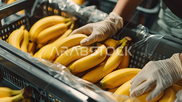 Delicious summer fruits, fruit farms and fields in the Kingdom of Saudi Arabia, close-up of fresh bananas in a plastic basket, harvest season, local national agricultural products and crops