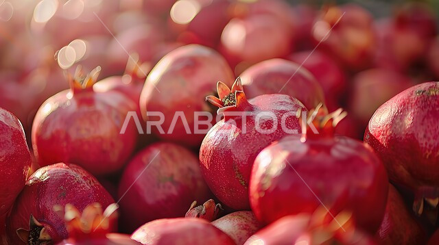 ثمار ذات قيمة غذائية عالية، صورة مقربة لفاكهة الرمان الأحمر الناضجة المليئة بالفيتامينات، موسم  قطاف الرمان في المملكة العربية السعودية، محاصيل زراعية محلية وطنية 