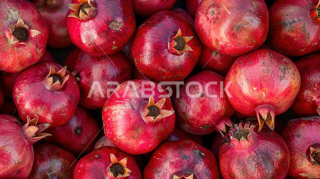 ثمار ذات قيمة غذائية عالية، صورة مقربة لفاكهة الرمان الأحمر الناضجة المليئة بالفيتامينات، موسم  قطاف الرمان في المملكة العربية السعودية، محاصيل زراعية محلية وطنية 
