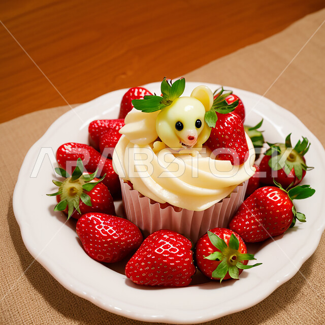  الحلويات العربية الشرقية الشهية، كب كيك لذيذ مزين بالكريمة وحبات الفراولة الطازجة،  مأكولات غنية بالسكريات والسعرات الحرارية، حلويات طازجة مخبوزة في الفرن، ورق الكب كيك، فنون تقديم الطعام في مطاعم المملكة العربية السعودية