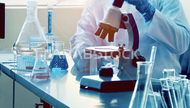  تقدم التكنولوجيا الحيوية في المختبرات العلمية، صورة مقربة ليد مخبري يرتدي القفازات يقوم باستخدام التقنيات المتطورة، مفهوم البحث والتطوير العلمي للعينات عبر الأجهزة الحديثة في مخبر الأبحاث الطبية, الطب والرعاية الصحيه، مركز أبحاث في المملكة العربية السعودية