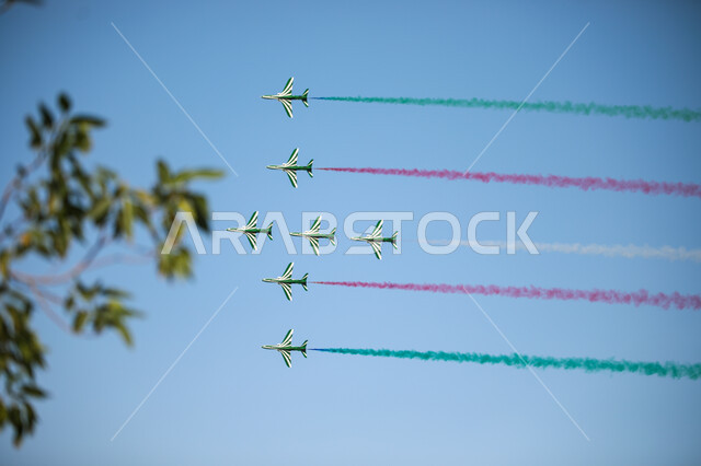 Showing loyalty and love for the Saudi state, commemorating the Saudi National Day on September 23, Flag Day activities on March 11, celebrating national holidays and events, presenting air shows in the skies of the Kingdom of Saudi Arabia, displaying the aviation team on the Saudi National Day