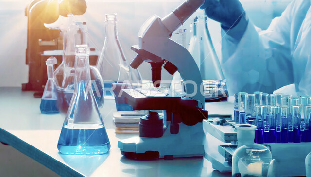 البحث والتطوير العلمي للعينات عبر الأجهزة الحديثة في مخبر الأبحاث الطبية, مركز أبحاث في المملكة العربية السعودية، تقدم التكنولوجيا الحيوية في المختبرات العلمية، صورة مقربة ليد مخبري يرتدي القفازات يقوم باستخدام التقنيات المتطورة، الطب والرعاية الصحيه