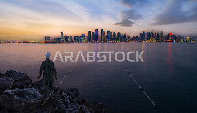 Water landscapes, visitor attractions to the coastal city of Jeddah, the waterfront in the Kingdom of Saudi Arabia at sunset, urban development and progress of towers and skyscrapers overlooking the Red Sea coast, famous landmarks and tourist places