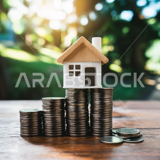 Saving and saving money for housing and ownership, the concept of economic growth, financial profits and sustainability, a close-up of a house on top of cash coins, investment and interest returns, saving money to buy and own a new house