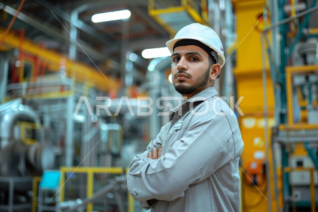 متابعة عمليات الانتاج، مراقبة سير عمل الآلات، مصانع ومعامل المملكة العربية السعودية، صورة مقربة لمهندس صناعي عربي خليجي سعودي مبتسم يرتدي السترة البيضاء وخوذة الحماية يقف بأيدي متقاطعة داخل المصنع ينظر إلى الكاميرا بإيماءات السرور، وظائف ومهن هندسية شبابية