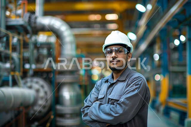 وظائف ومهن هندسية شبابية، متابعة عمليات الانتاج، مراقبة سير عمل الآلات، مصانع ومعامل المملكة العربية السعودية، صورة مقربة لمهندس صناعي عربي خليجي سعودي مبتسم يرتدي السترة وخوذة الحماية يقف بأيدي متقاطعة داخل المصنع ينظر إلى الكاميرا بإيماءات السرور