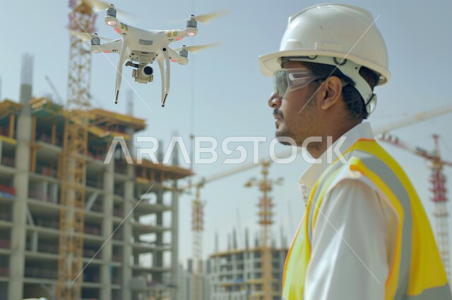  التطور والتقدم العمراني في المملكة العربية السعودية, مهن ووظائف سعودية, متابعة ومراقبة عملية البناء,  الاشراف على سير خطة العمل في موقع الانشاء, صورة مقربة لمهندس عربي خليجي سعودي يرتدي السترة وخوذة الحماية ينظر إلى مكان ما يعمل في المجال الهندسي