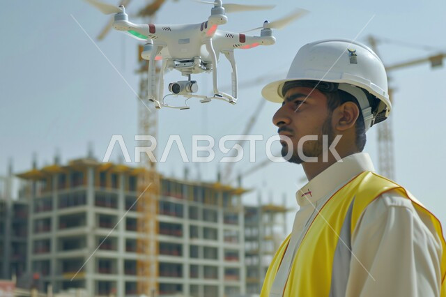 مفهوم التطور  والتقدم العمراني في المملكة العربية السعودية, مهن ووظائف سعودية, متابعة ومراقبة عملية البناء,  الاشراف على سير خطة العمل في موقع الانشاء, صورة مقربة لمهندس عربي خليجي سعودي يرتدي السترة وخوذة الحماية ينظر إلى مكان ما يعمل في المجال الهندسي