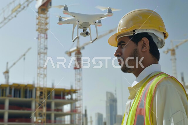 النمو والتطور العمراني في المملكة العربية السعودية, مهن ووظائف سعودية, متابعة ومراقبة عملية البناء,  الاشراف على سير خطة العمل في موقع الانشاء, صورة مقربة لمهندس عربي خليجي سعودي يرتدي السترة وخوذة الحماية ينظر إلى مكان ما يعمل في المجال الهندسي