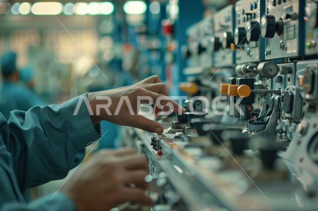 مفهوم الهندسة و الصناعة، صورة مقربة ليد رجل عربي خليجي سعودي يقوم بتشغيل الآلات  والاجهزه  الكهربائيه في المصانع الحديثه، الايدي السعوديه العامله المنتجه، جودة الصناعه والانتاج في معامل السعوديه، الاداره  والاشراف على  آلية التصنيع