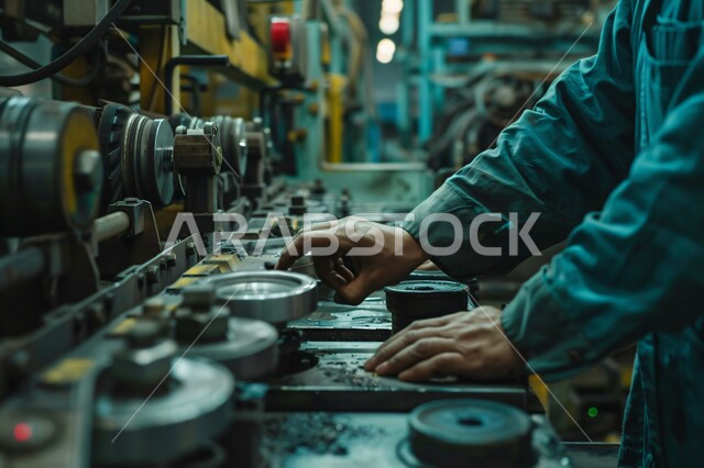 مفهوم الهندسة و الصناعة، صورة مقربة ليد رجل عربي خليجي سعودي يقوم بتشغيل الآلات  والاجهزه  الكهربائيه في المصانع الحديثه، الايدي السعوديه العامله المنتجه، جودة الصناعه والانتاج في معامل السعوديه، الاداره  والاشراف على  آلية التصنيع