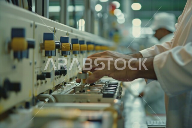 مفهوم الهندسة و الصناعة، صورة مقربة ليد رجل عربي خليجي سعودي يقوم بتشغيل الآلات  والاجهزه  الكهربائيه في المصانع الحديثه، الايدي السعوديه العامله المنتجه، جودة الصناعه والانتاج في معامل السعوديه، الاداره  والاشراف على  آلية التصنيع