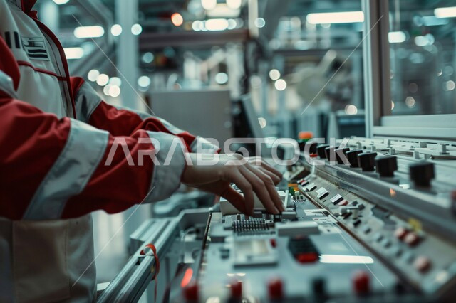 مفهوم الهندسة و الصناعة، صورة مقربة ليد رجل عربي خليجي سعودي يقوم بتشغيل الآلات  والاجهزه  الكهربائيه في المصانع الحديثه، الايدي السعوديه العامله المنتجه، جودة الصناعه والانتاج في معامل السعوديه، الاداره  والاشراف على  آلية التصنيع