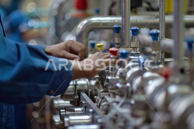 مفهوم الهندسة و الصناعة، صورة مقربة ليد رجل عربي خليجي سعودي يقوم بتشغيل الآلات  والاجهزه  الكهربائيه في المصانع الحديثه، الايدي السعوديه العامله المنتجه، جودة الصناعه والانتاج في معامل السعوديه، الاداره  والاشراف على  آلية التصنيع