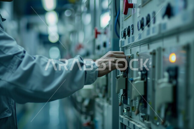الاداره  والاشراف على  آلية التصنيع، مفهوم الهندسة و الصناعة، صورة مقربة ليد رجل عربي خليجي سعودي يقوم بتشغيل الآلات  والاجهزه  الكهربائيه في المصانع الحديثه، الايدي السعوديه العامله المنتجه، جودة الصناعه والانتاج في معامل السعوديه
