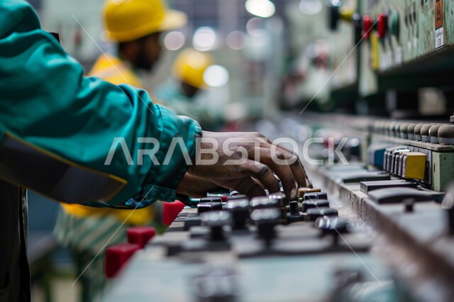 الاداره  والاشراف على  آلية التصنيع، مفهوم الهندسة و الصناعة، صورة مقربة ليد رجل عربي خليجي سعودي يقوم بتشغيل الآلات  والاجهزه  الكهربائيه في المصانع الحديثه، الايدي السعوديه العامله المنتجه، جودة الصناعه والانتاج في معامل السعوديه