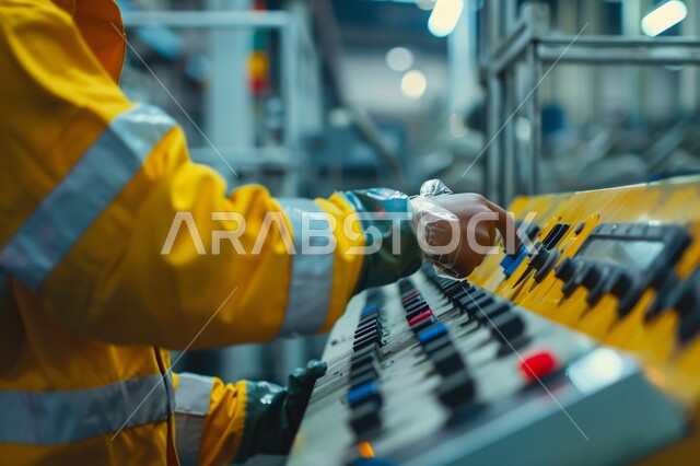 جودة الصناعه والانتاج في معامل السعوديه، الاداره  والاشراف على  آلية التصنيع، مفهوم الهندسة و الصناعة، صورة مقربة ليد رجل عربي خليجي سعودي يقوم بتشغيل الآلات  والاجهزه  الكهربائيه في المصانع الحديثه، الايدي السعوديه العامله المنتجه