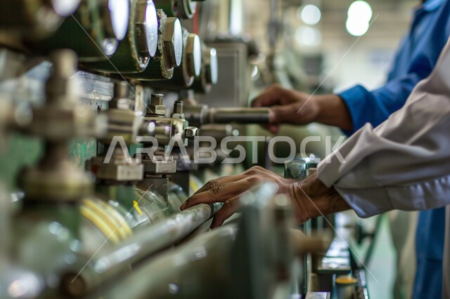 جودة الصناعه والانتاج في معامل السعوديه، الاداره  والاشراف على  آلية التصنيع، مفهوم الهندسة و الصناعة، صورة مقربة ليد رجل عربي خليجي سعودي يقوم بتشغيل الآلات  والاجهزه  الكهربائيه في المصانع الحديثه، الايدي السعوديه العامله المنتجه