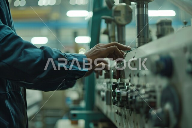 الايدي السعوديه العامله المنتجه، جودة الصناعه والانتاج في معامل السعوديه، الاداره  والاشراف على  آلية التصنيع، مفهوم الهندسة و الصناعة، صورة مقربة ليد رجل عربي خليجي سعودي يقوم بتشغيل الآلات  والاجهزه  الكهربائيه في المصانع الحديثه
