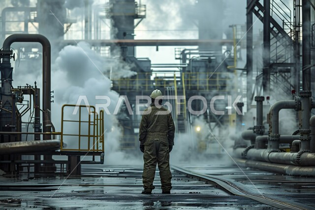 إدارة آلات ومعدات المصانع والتحكم بهم، صورة من الخلف لعامل عربي خليجي سعودي يرتدي ملابس العمل مع خوذة الحماية ينظر إلى دخان المعمل،  هندسات ومعدات ومستودعات صناعية ضخمة، مهن ووظائف هندسية