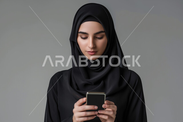 الدردشة والمحادثة مع الأصدقاء، تصفح برامج التواصل الاجتماعي، بورتريه مقرب لشابة عربية سعودية خليجية ترتدي العباءة السوداء التقليدية تقوم باستخدام الهاتف المحمول بإيماءات الفرح والسرور, التقنيات والأجهزة الحديثة، خلفيه رمادية
