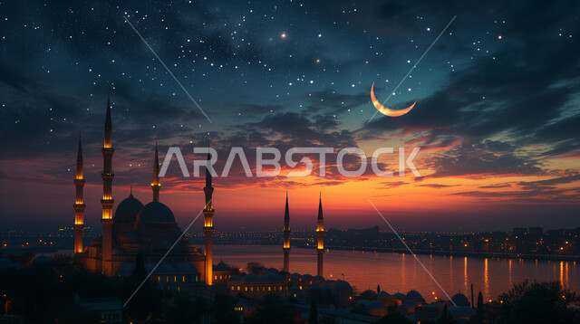 Distinctive decorations and designs in the Islamic style for domes and minarets illuminated at night, architectural engineering art for mosques, a luxurious Arab mosque overlooking the sea, worship and getting closer to God, performing obligatory prayers and prayers, Ramadan religious backgrounds, a view of the moon and stars in the sky.
