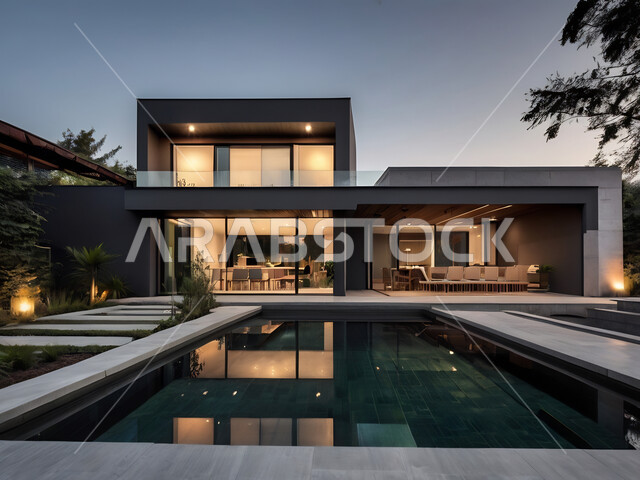 تصاميم عصرية مميزة لحوض السباحة، الاهتمام في زراعه الأشجار والنباتات الخضراء في حديقة مجمع سكني فاخر، الفن الهندسي المعماري على الطراز الحديث للشقق و الفلل السكنية