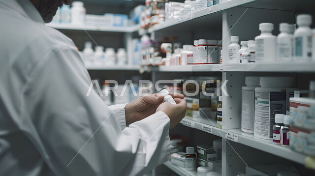 جرد وفحص مخزون الأدوية والمستلزمات الطبية داخل الصيدلية، تقديم الرعاية الصحية والوصفات الطبية، صورة مقربة  لصيدلاني عربي سعودي خليجي يرتدي اليونيفورم الطبي يقوم بالبحث عن الوصفة الدوائية