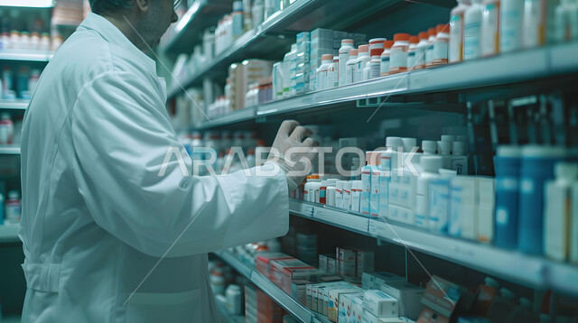 Providing health care and medical prescriptions, checking and inventorying the stock of medicines and medical supplies inside the pharmacy, a close-up photo of a Saudi Arabian Gulf pharmacist wearing a medical uniform searching for the drug prescription