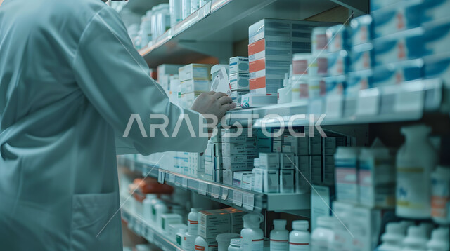 Providing health care and medical prescriptions, checking and inventorying the stock of medicines and medical supplies inside the pharmacy, a close-up photo of a Saudi Arabian Gulf pharmacist wearing a medical uniform searching for the drug prescription