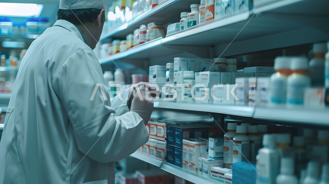Providing health care and medical prescriptions, checking and inventorying the stock of medicines and medical supplies inside the pharmacy, a close-up photo of a Saudi Arabian Gulf pharmacist wearing a medical uniform searching for the drug prescription