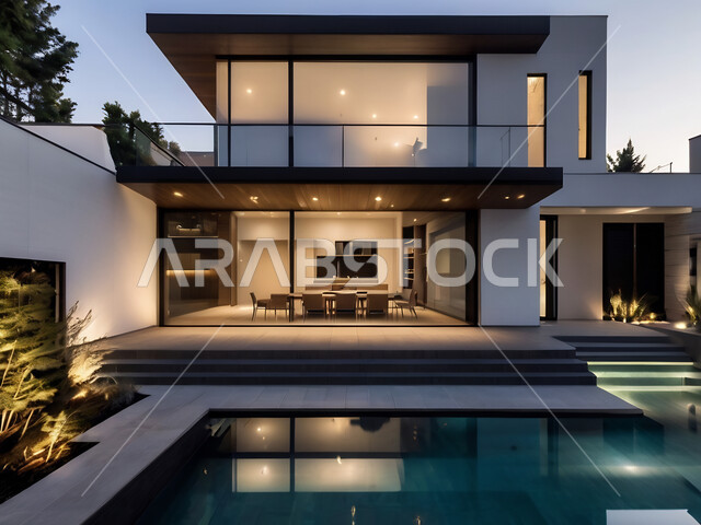 تصاميم عصرية مميزة لحوض السباحة، الاهتمام في زراعه الأشجار والنباتات الخضراء في حديقة مجمع سكني فاخر، الفن الهندسي المعماري على الطراز الحديث للشقق و الفلل السكنية، منتجعات سياحية متميزة مضيئة ليلا