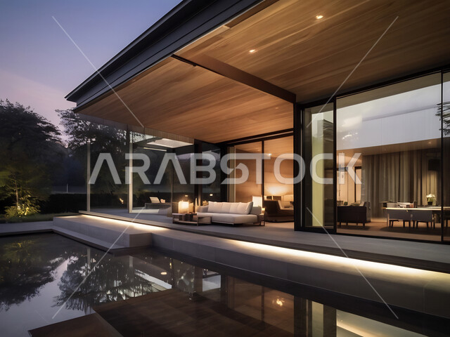 تصاميم عصرية مميزة لحوض السباحة، الاهتمام في زراعه الأشجار والنباتات الخضراء في حديقة مجمع سكني فاخر، الفن الهندسي المعماري على الطراز الحديث للشقق و الفلل السكنية، منتجعات سياحية متميزة مضيئة ليلا