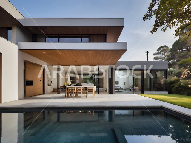 الفن الهندسي المعماري على الطراز الحديث للشقق و الفلل السكنية، تصاميم عصرية مميزة لحوض السباحة، الاهتمام في زراعه الأشجار والنباتات الخضراء في حديقة مجمع سكني فاخر، منتجعات سياحية متميزة