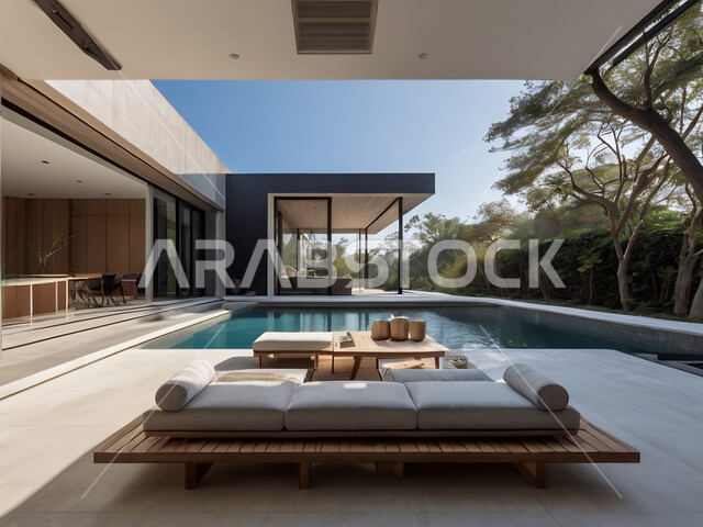 الفن الهندسي المعماري على الطراز الحديث للشقق و الفلل السكنية، تصاميم عصرية مميزة لحوض السباحة، الاهتمام في زراعه الأشجار والنباتات الخضراء في حديقة مجمع سكني فاخر، منتجعات سياحية متميزة