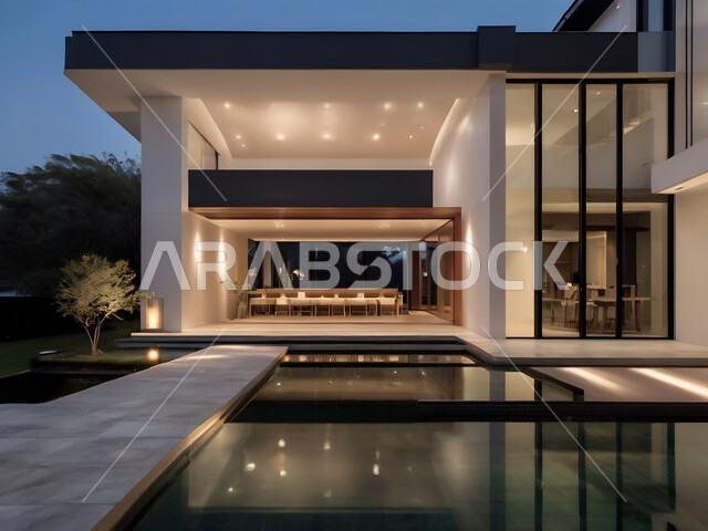 تصاميم عصرية مميزة لحوض السباحة، الاهتمام في زراعه الأشجار والنباتات الخضراء في حديقة مجمع سكني فاخر، الفن الهندسي المعماري على الطراز الحديث للشقق و الفلل السكنية